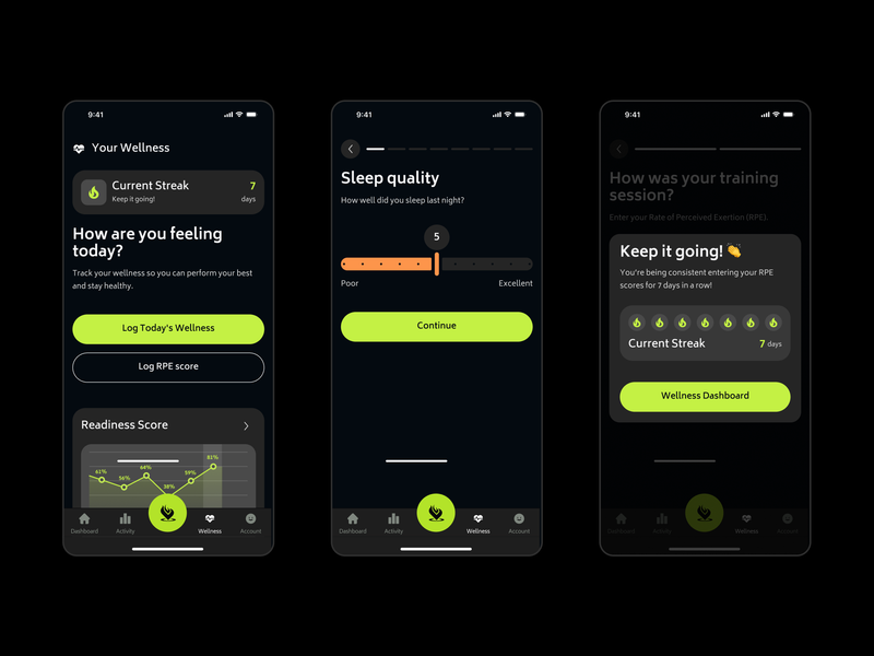 FiyrPod Athlete App: session and wellness screens